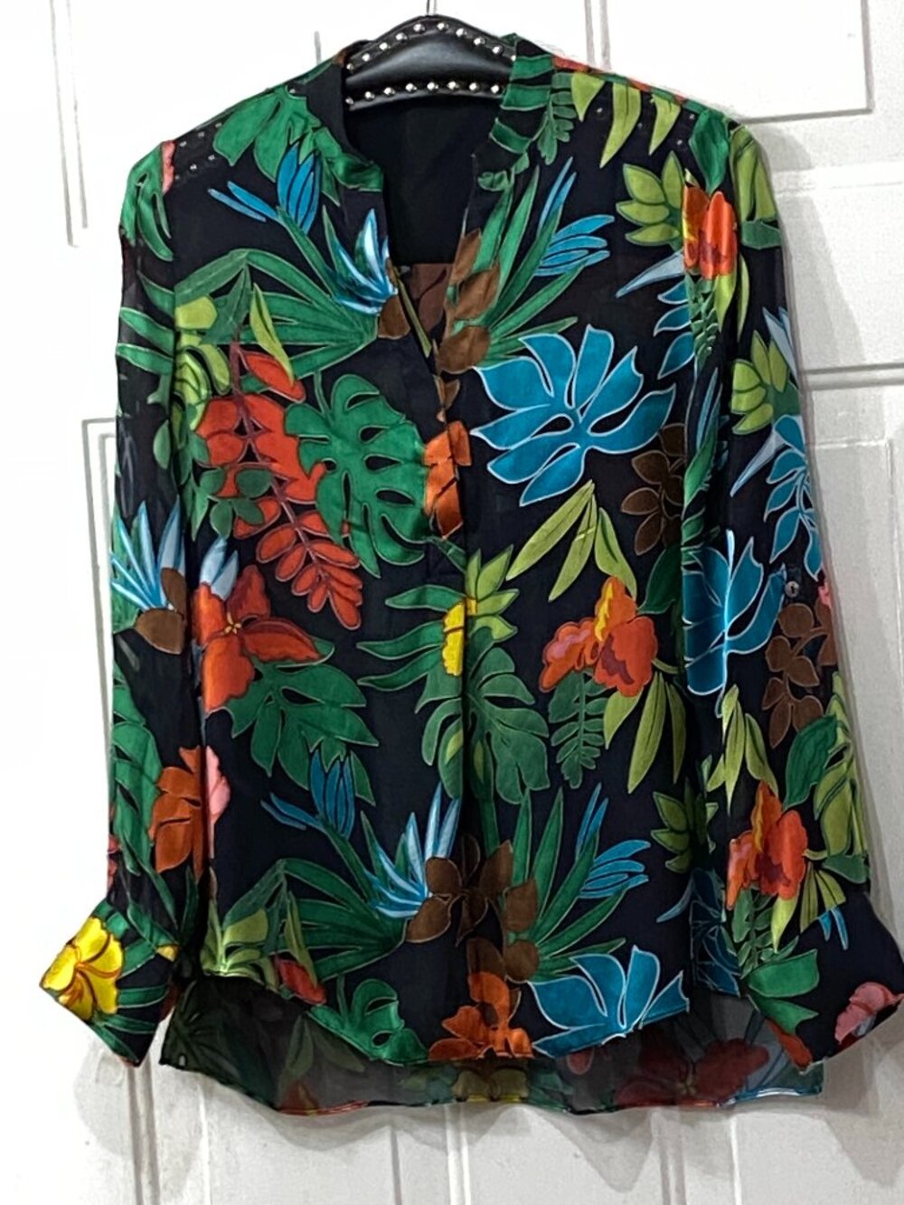 Alice + Olivia Sz XS Burnout Blouse Long Sleeve Silk/Viscose Black/Multi Floral
